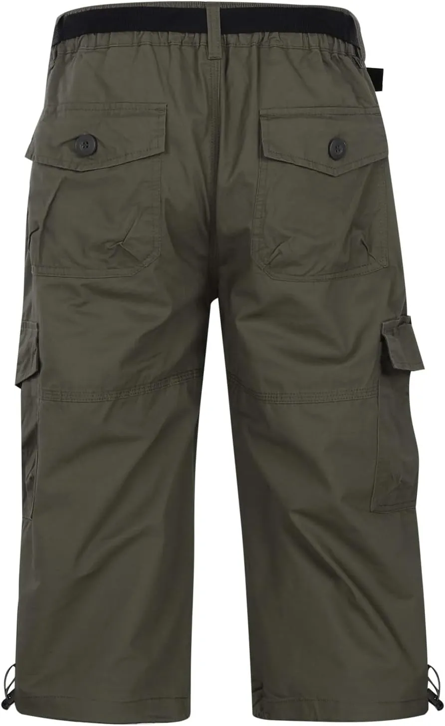 Men's Cargo Pants Casual Twill Elastic Waist Relaxed Fit 3/4 Capri Pants Below Knee Long Shorts with Multi Pockets