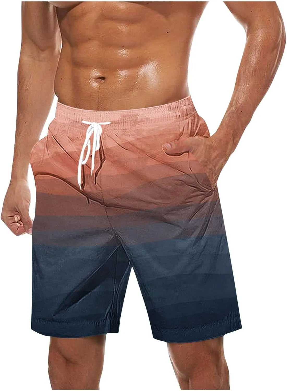 Mens Casual Shorts Gradient Color Fashion Elastic Waist Drawstring Shorts Summer Beach Vocation Shorts with Pockets