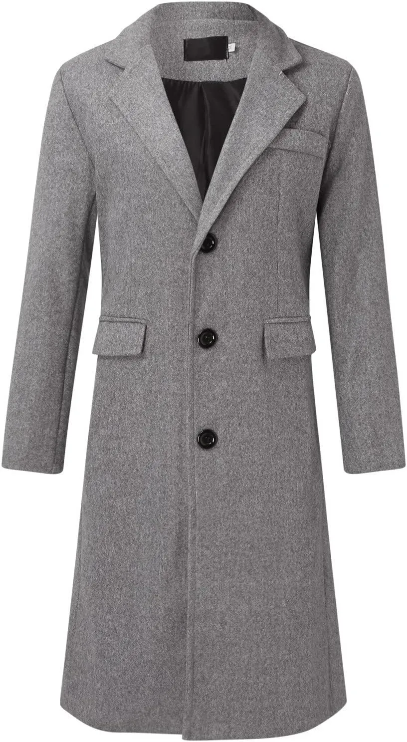 Mens Classic Notched Collar Wool Blend Pea Coat Mid Length Slim Fit Trench Coat Top Coat Fashionable Warm Woolen Overcoat