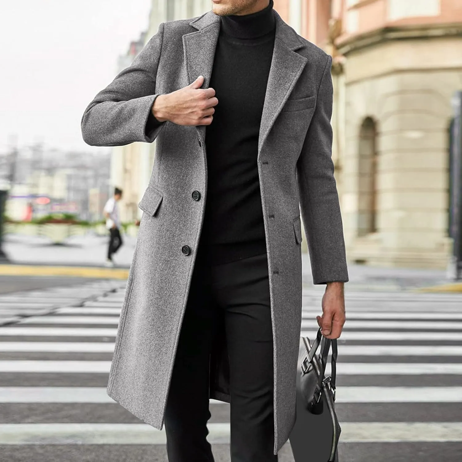 Mens Classic Notched Collar Wool Blend Pea Coat Mid Length Slim Fit Trench Coat Top Coat Fashionable Warm Woolen Overcoat