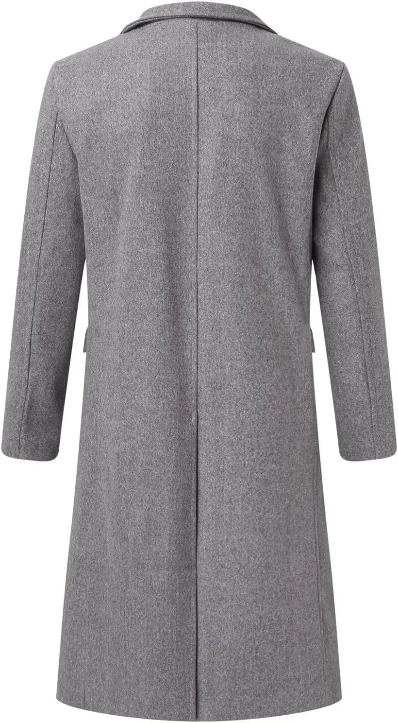 Mens Classic Notched Collar Wool Blend Pea Coat Mid Length Slim Fit Trench Coat Top Coat Fashionable Warm Woolen Overcoat