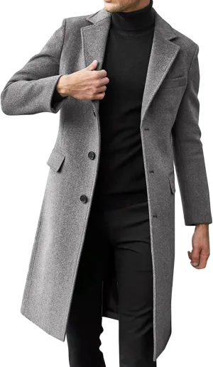 Mens Classic Notched Collar Wool Blend Pea Coat Mid Length Slim Fit Trench Coat Top Coat Fashionable Warm Woolen Overcoat