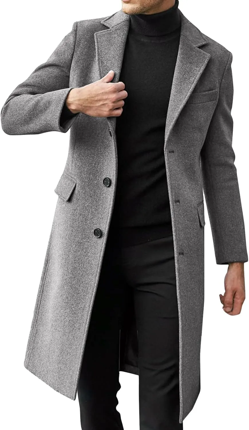 Mens Classic Notched Collar Wool Blend Pea Coat Mid Length Slim Fit Trench Coat Top Coat Fashionable Warm Woolen Overcoat