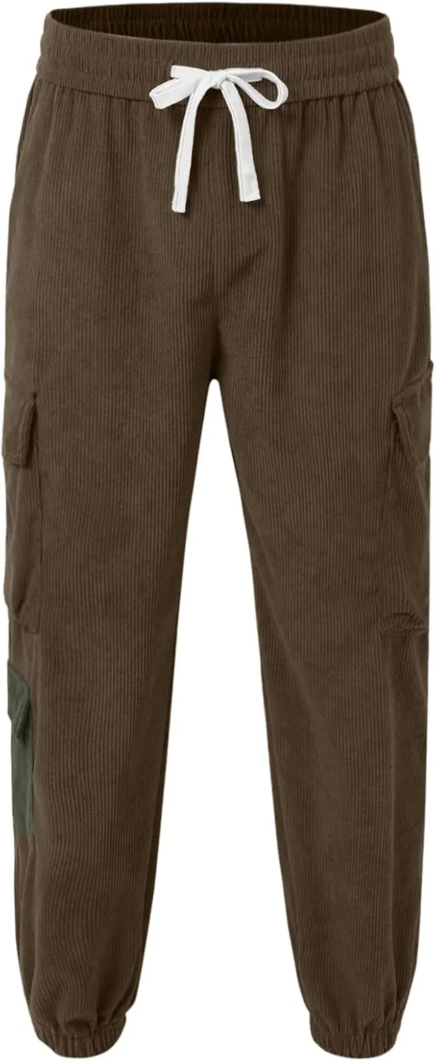 Men's Corduroy Cargo Pants Y2K Streetwear Jogger Pant with Multiple Pockets Casual Comfy Outdoor Hiking Work Trousers
