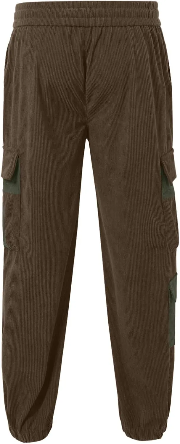 Men's Corduroy Cargo Pants Y2K Streetwear Jogger Pant with Multiple Pockets Casual Comfy Outdoor Hiking Work Trousers