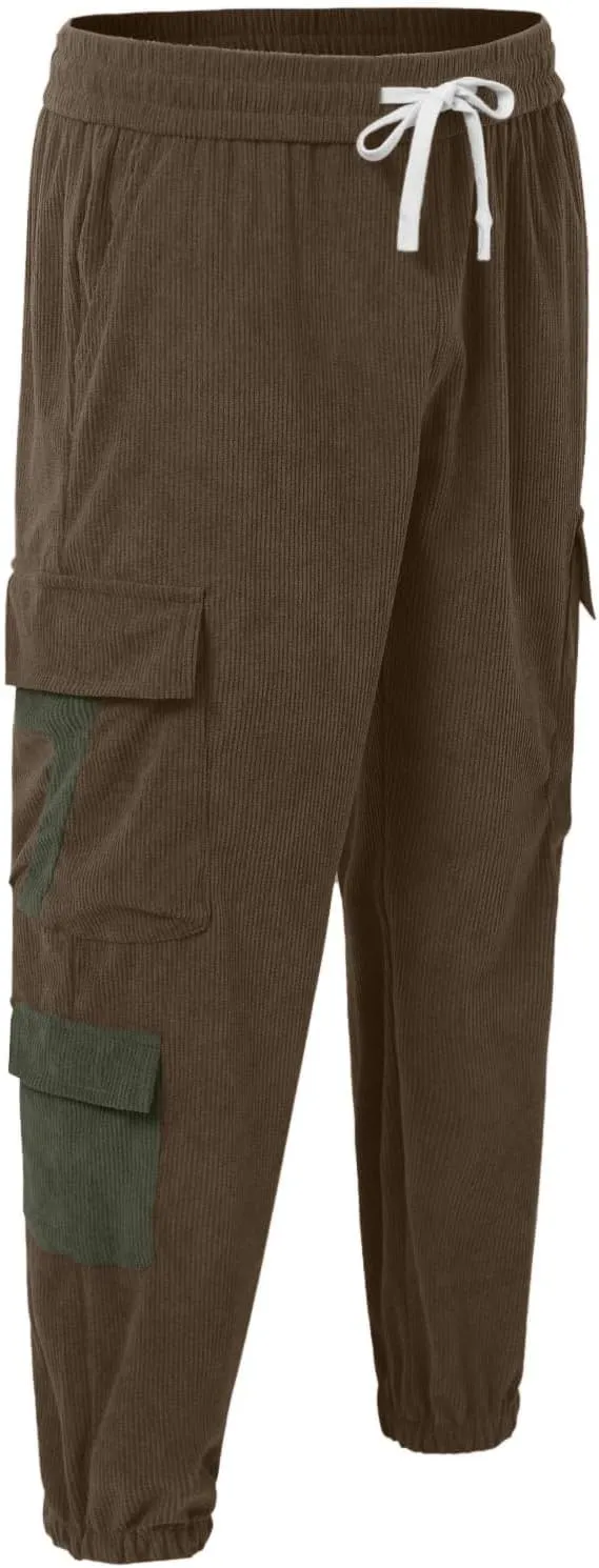 Men's Corduroy Cargo Pants Y2K Streetwear Jogger Pant with Multiple Pockets Casual Comfy Outdoor Hiking Work Trousers