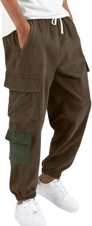 Men's Corduroy Cargo Pants Y2K Streetwear Jogger Pant with Multiple Pockets Casual Comfy Outdoor Hiking Work Trousers