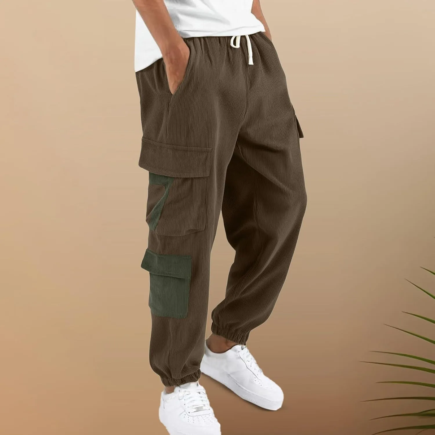 Men's Corduroy Cargo Pants Y2K Streetwear Jogger Pant with Multiple Pockets Casual Comfy Outdoor Hiking Work Trousers
