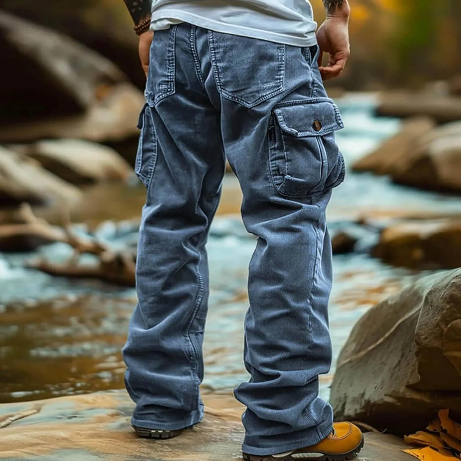Men's Corduroy Cargo Pants,Outdoor Hiking Trousers Multi Pockets Drawstring Waist Sweatpants Baggy Corduroy Trouser
