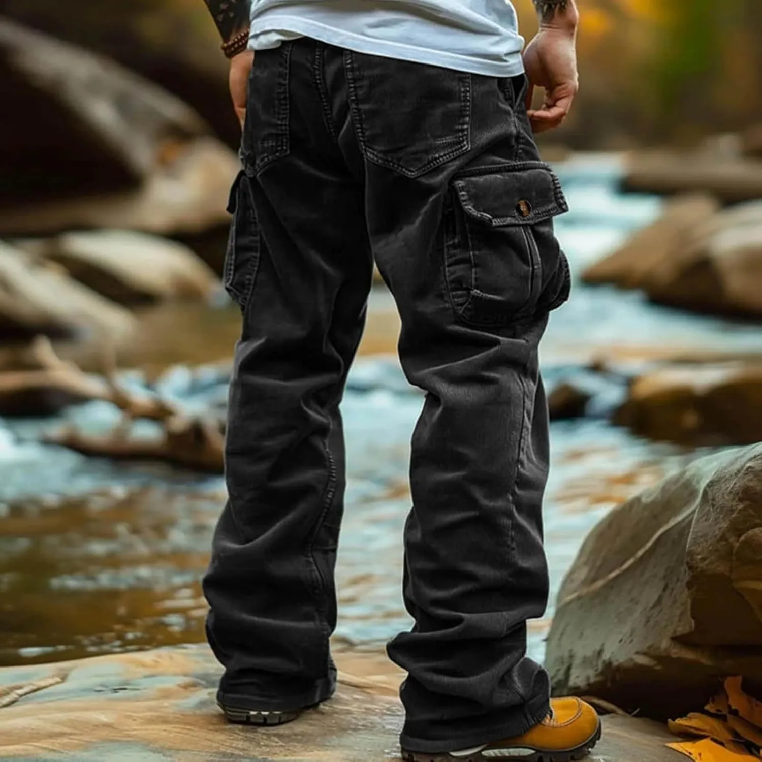 Men's Corduroy Cargo Pants,Outdoor Hiking Trousers Multi Pockets Drawstring Waist Sweatpants Baggy Corduroy Trouser
