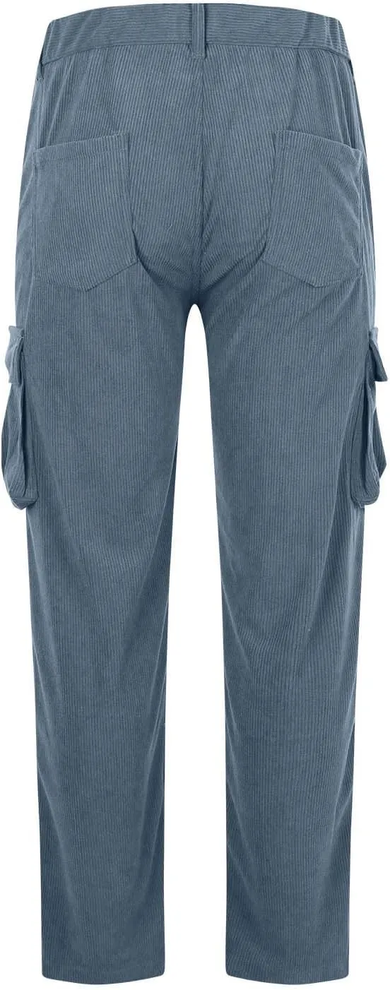 Men's Corduroy Cargo Pants,Outdoor Hiking Trousers Multi Pockets Drawstring Waist Sweatpants Baggy Corduroy Trouser