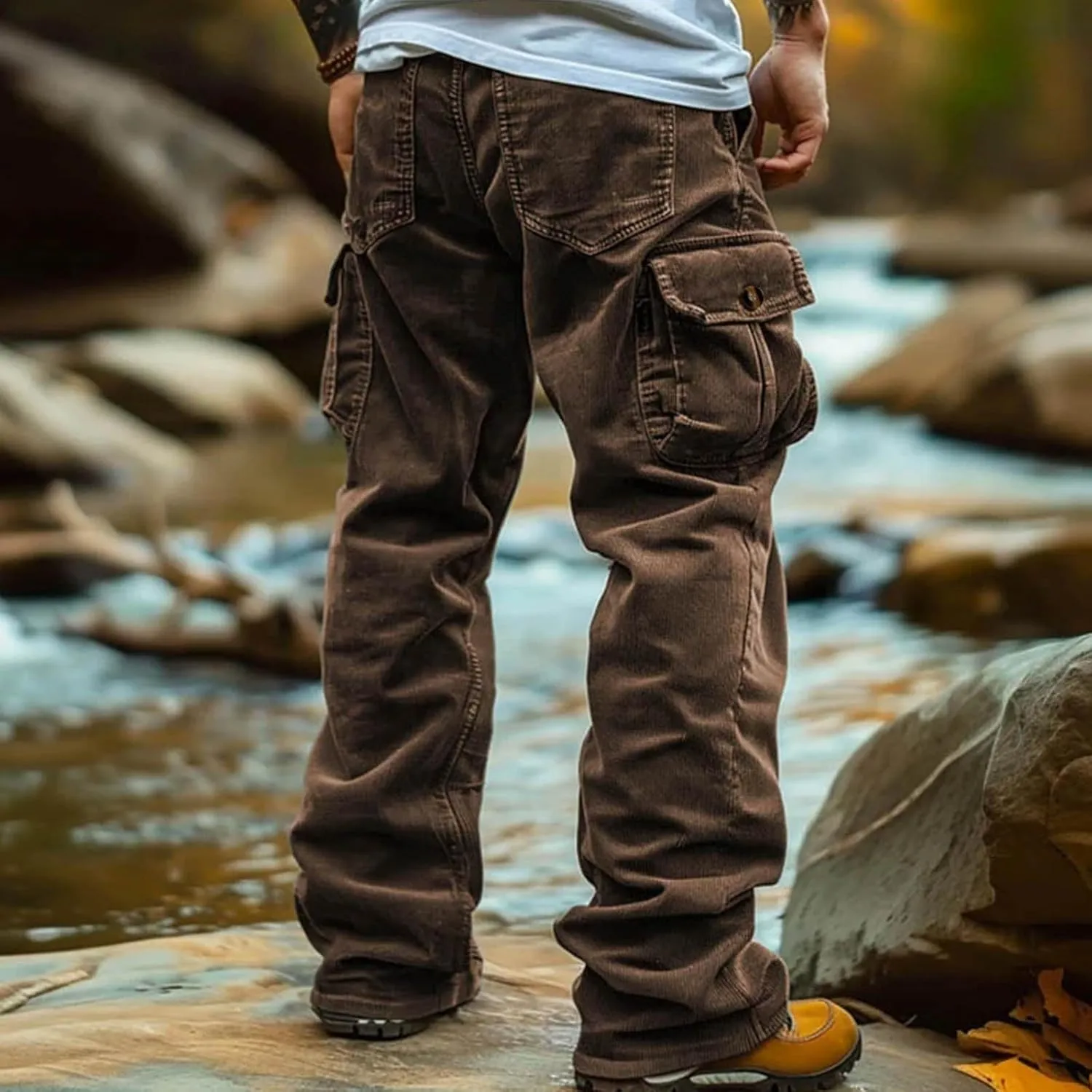 Men's Corduroy Cargo Pants,Outdoor Hiking Trousers Multi Pockets Drawstring Waist Sweatpants Baggy Corduroy Trouser