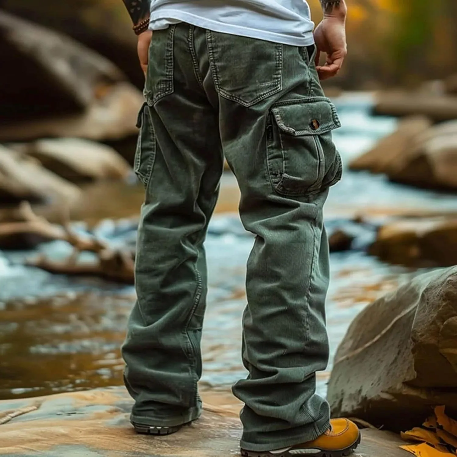 Men's Corduroy Cargo Pants,Outdoor Hiking Trousers Multi Pockets Drawstring Waist Sweatpants Baggy Corduroy Trouser