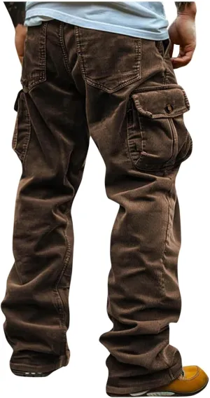 Men's Corduroy Cargo Pants,Outdoor Hiking Trousers Multi Pockets Drawstring Waist Sweatpants Baggy Corduroy Trouser