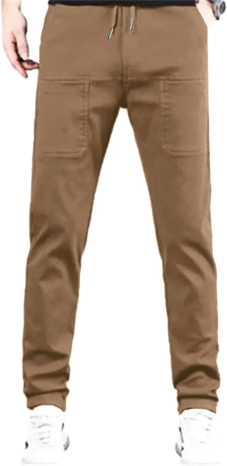 Mens Corduroy Pants Elastic Waist Drawstring Casual Loose Straight Leg Hiking Trousers Slim fit Slacks with Pockets