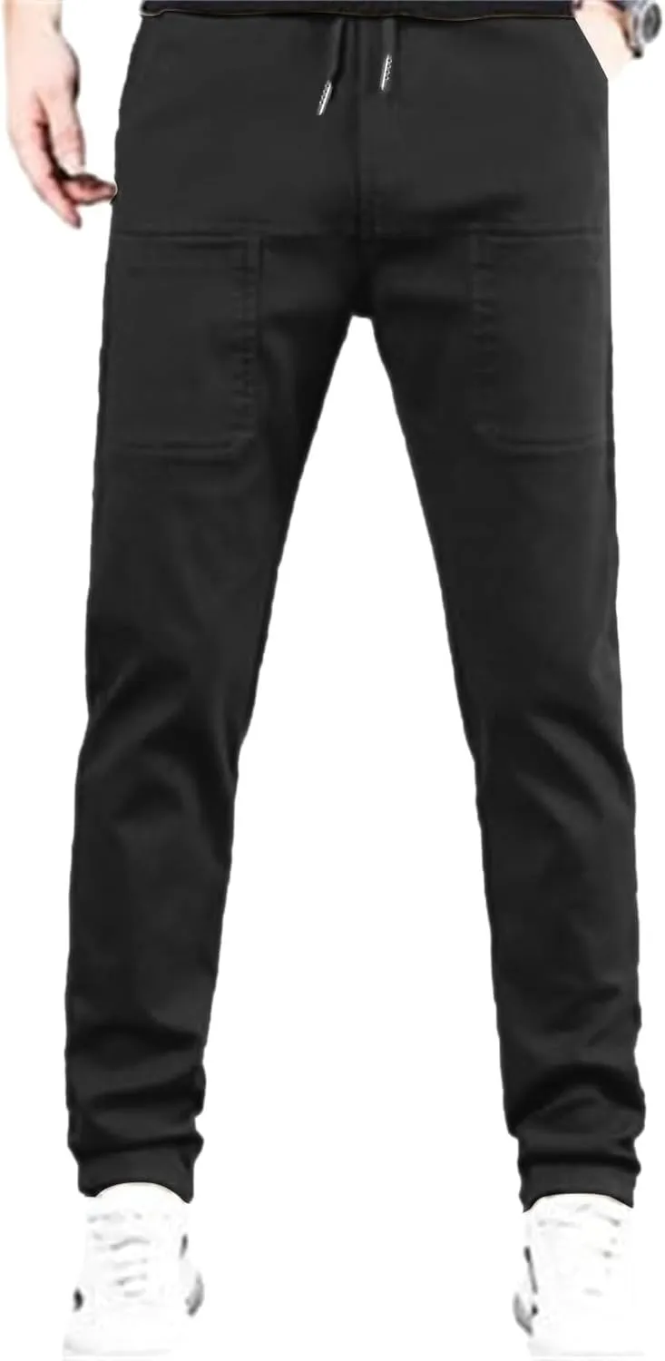 Mens Corduroy Pants Elastic Waist Drawstring Casual Loose Straight Leg Hiking Trousers Slim fit Slacks with Pockets