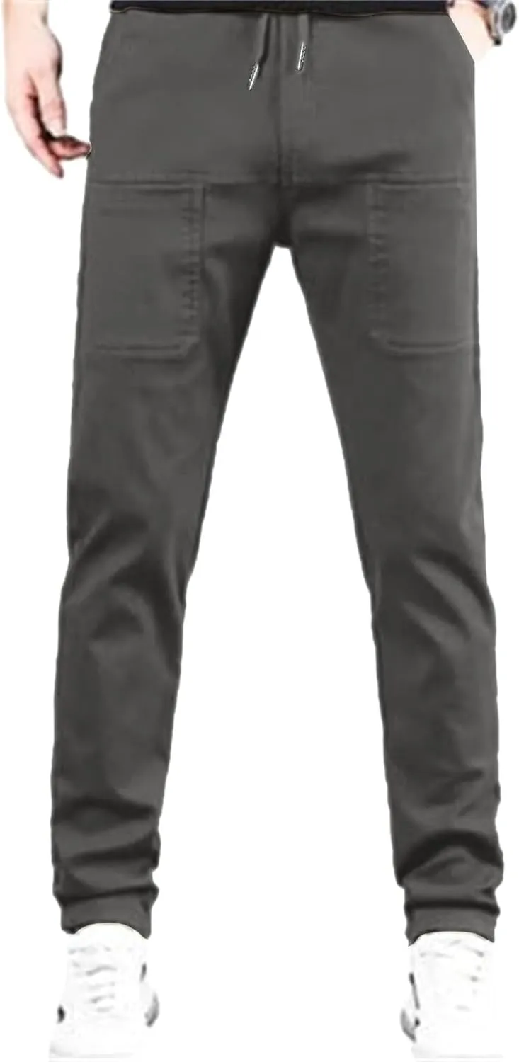 Mens Corduroy Pants Elastic Waist Drawstring Casual Loose Straight Leg Hiking Trousers Slim fit Slacks with Pockets