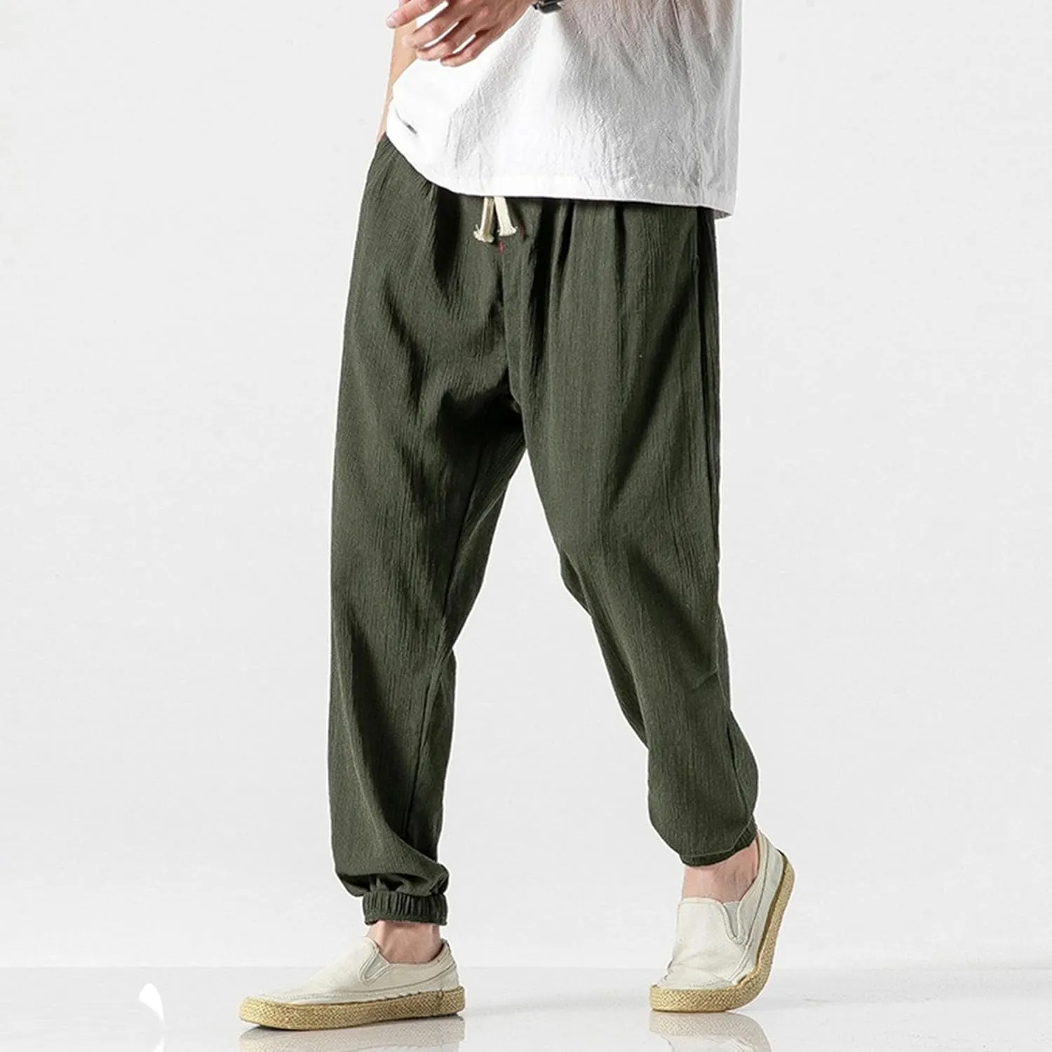 Men's Cotton Linen Lantern Pants Summer Soft Yoga Jogger Slack Casual Elastic Waist Streetwear Trousers