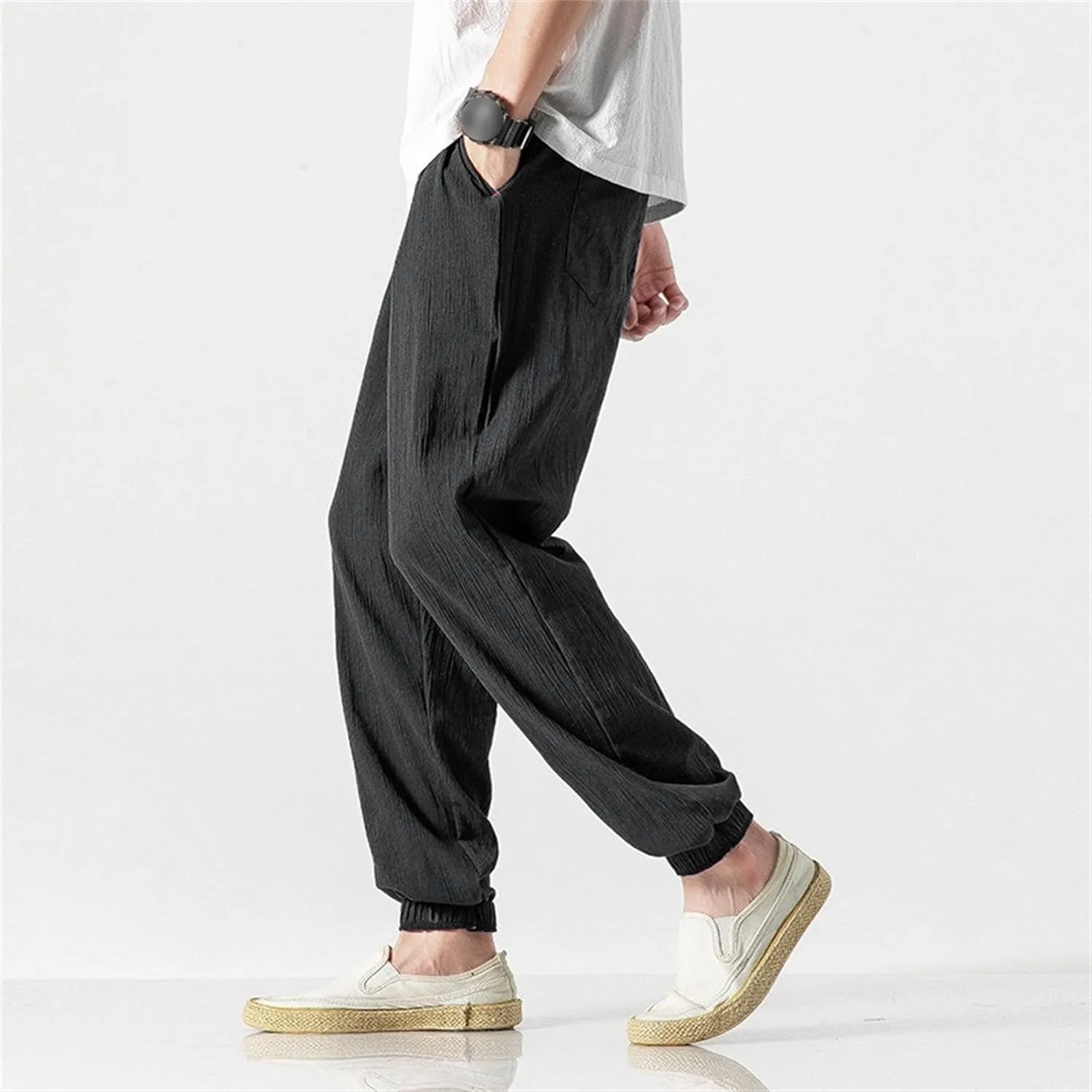 Men's Cotton Linen Lantern Pants Summer Soft Yoga Jogger Slack Casual Elastic Waist Streetwear Trousers