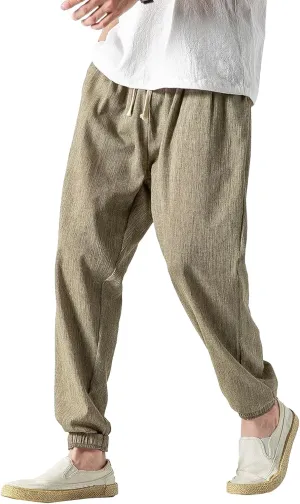 Men's Cotton Linen Lantern Pants Summer Soft Yoga Jogger Slack Casual Elastic Waist Streetwear Trousers