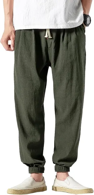 Men's Cotton Linen Lantern Pants Summer Soft Yoga Jogger Slack Casual Elastic Waist Streetwear Trousers