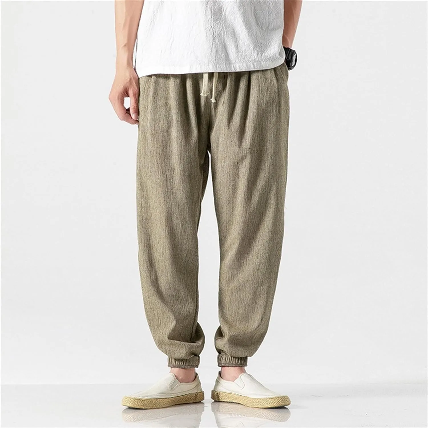 Men's Cotton Linen Lantern Pants Summer Soft Yoga Jogger Slack Casual Elastic Waist Streetwear Trousers