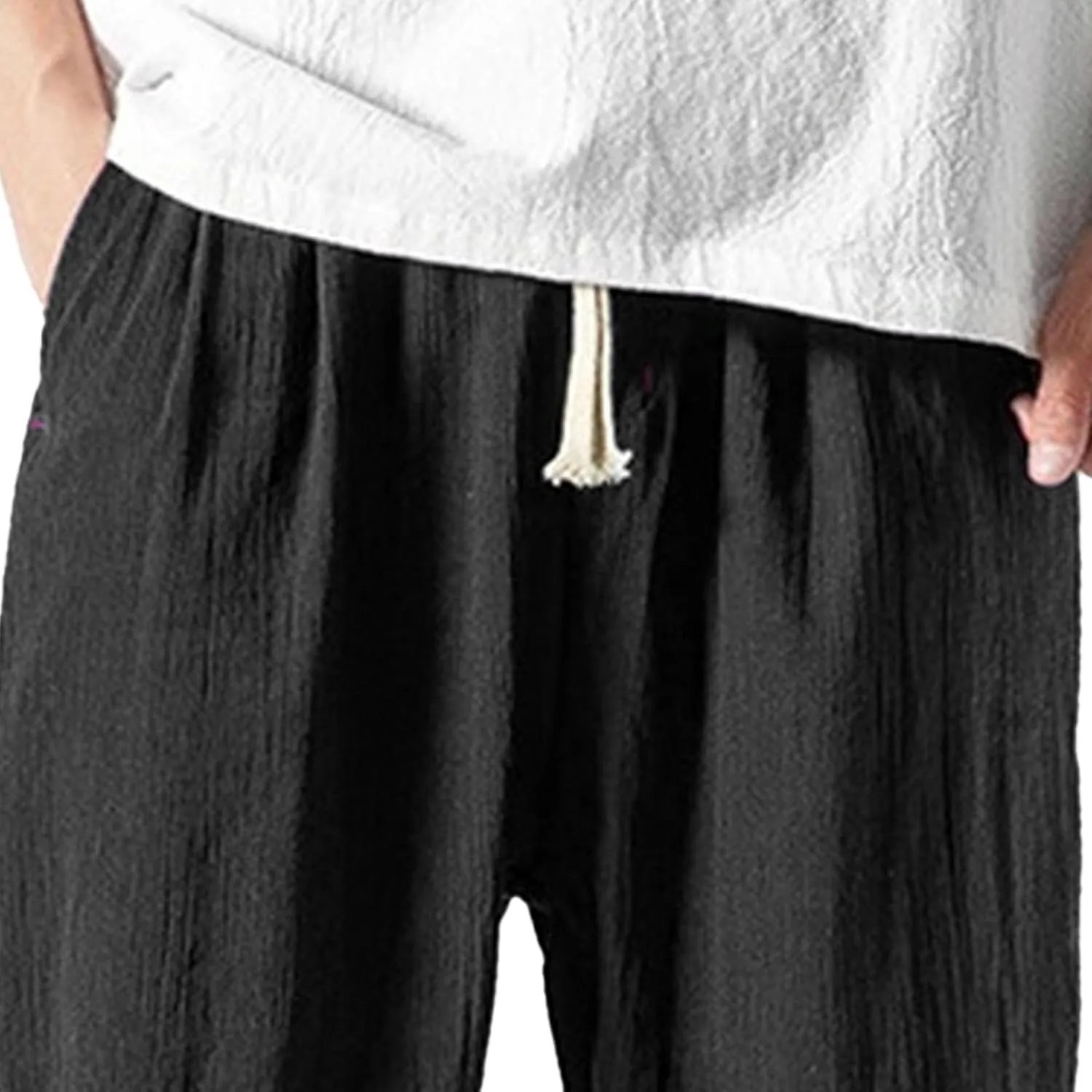 Men's Cotton Linen Lantern Pants Summer Soft Yoga Jogger Slack Casual Elastic Waist Streetwear Trousers
