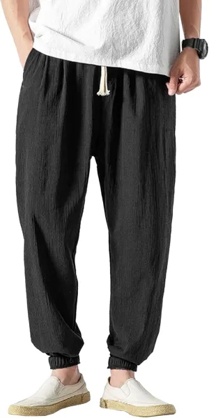 Men's Cotton Linen Lantern Pants Summer Soft Yoga Jogger Slack Casual Elastic Waist Streetwear Trousers