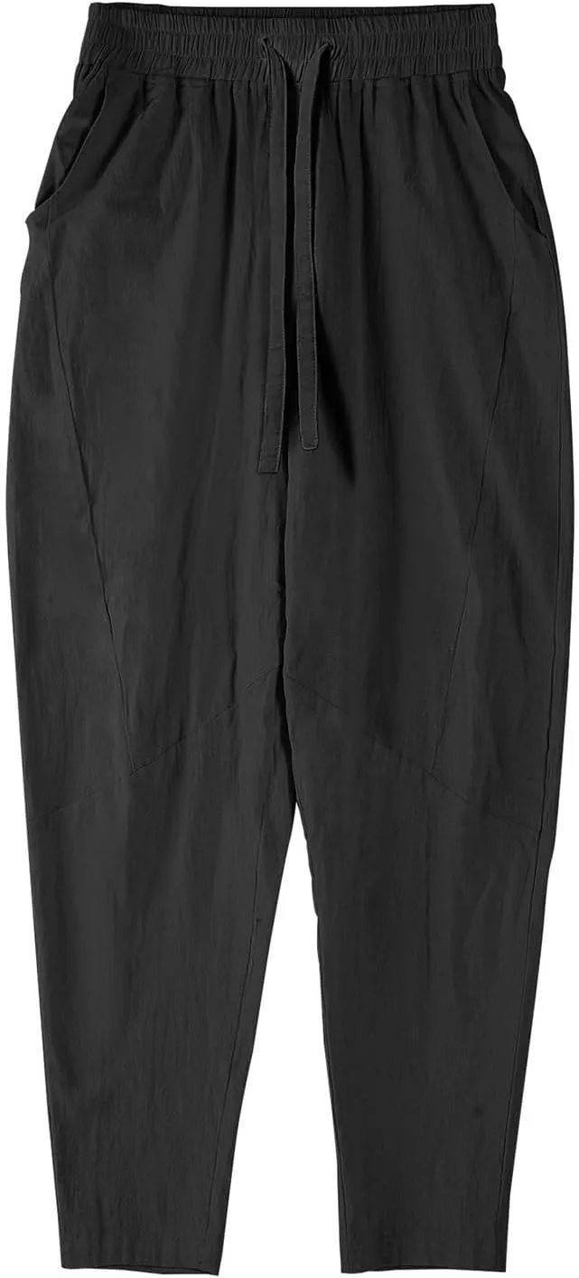 Mens Cotton Linen Pants Solid Fashion Elastic Waist Drawstring Tapered Pant Casual Vintage Hip Hop Harem Trouser