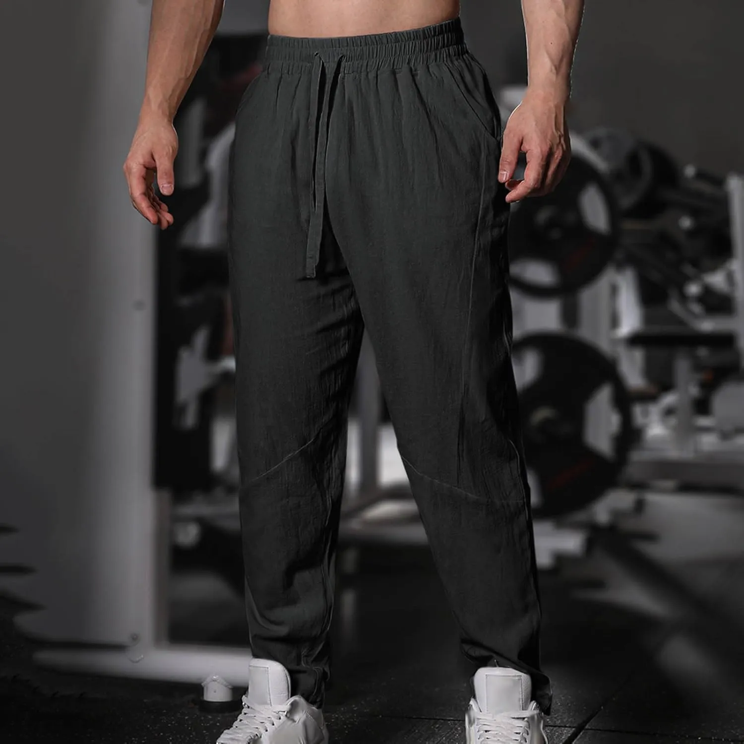 Mens Cotton Linen Pants Solid Fashion Elastic Waist Drawstring Tapered Pant Casual Vintage Hip Hop Harem Trouser