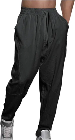 Mens Cotton Linen Pants Solid Fashion Elastic Waist Drawstring Tapered Pant Casual Vintage Hip Hop Harem Trouser
