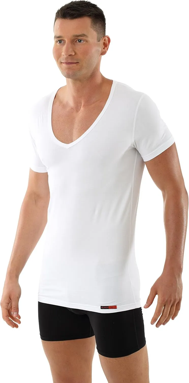 Men's deep v-Neck Business Undershirt with Short Sleeves Stretch Cotton White