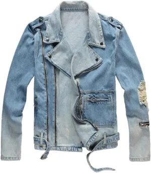 Men's Denim Biker JacketVintage Black Gray Spliced Ripped Hip Hop Coat