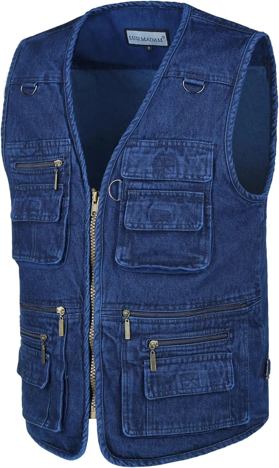 Men's Denim Multi-Pockets Leisure Work Fishing Outerwear Vest