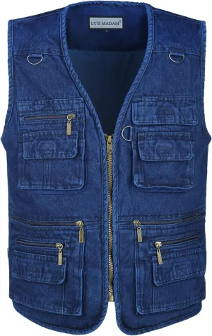 Men's Denim Multi-Pockets Leisure Work Fishing Outerwear Vest