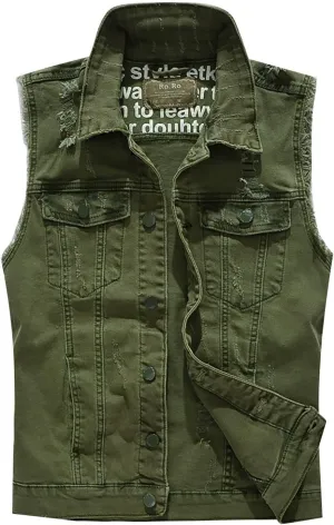 Men's Denim Vest Casual Slim Fit Button Down Sleeveless Jean Vest Jacket Vintage Distressed Denim Waistcoat Outerwear