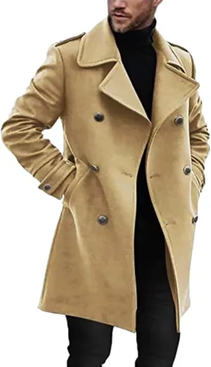 Mens Double Breasted Trench Coat Fall Winter Warm Wool Blend Pea Coat 2023 Fashion Casual Work Business Jacket Topcoat
