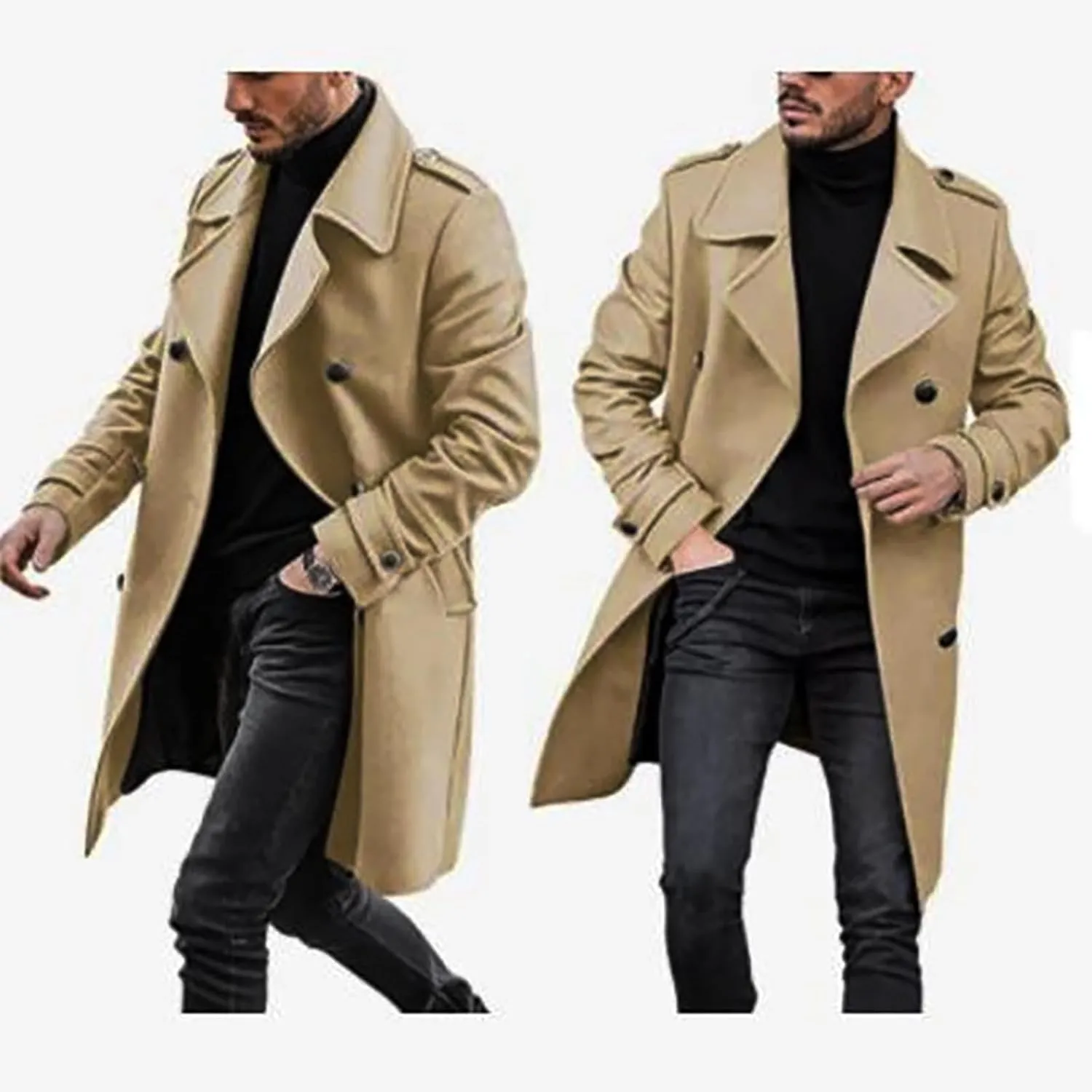 Mens Double Breasted Trench Coat Fall Winter Warm Wool Blend Pea Coat 2023 Fashion Casual Work Business Jacket Topcoat