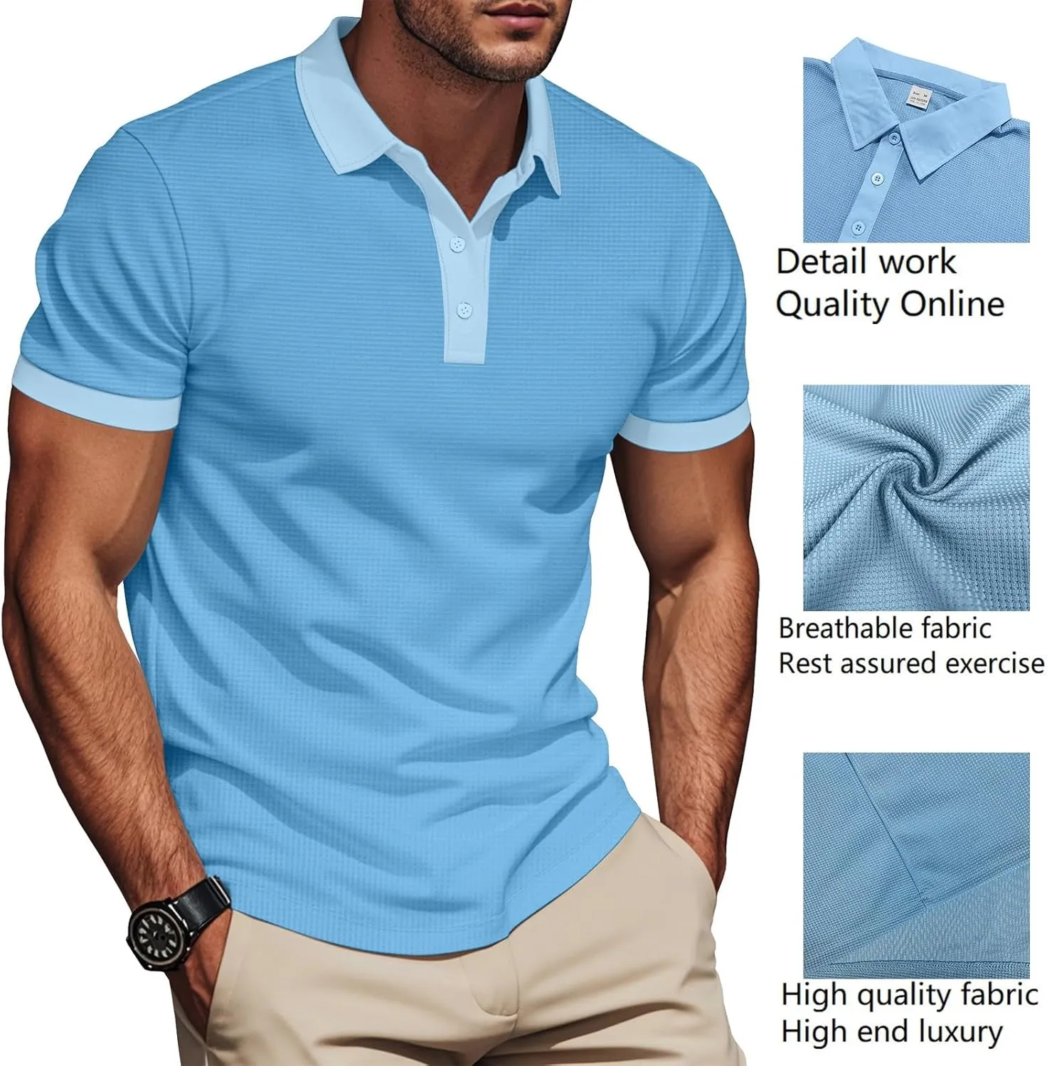 Mens Fashion Golf Shirts Short Sleeve Dry Fit Texture Performance Moisture Wicking Casual Collared Polo Shirt for Men