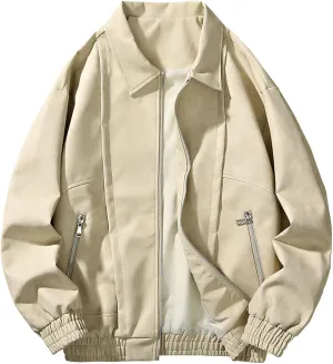 Men's Fashion Loose Fitted Coats Long Sleeve Hoodless Jackets Classic Lapel Leather Jackets Zipper Side Pockets Tops