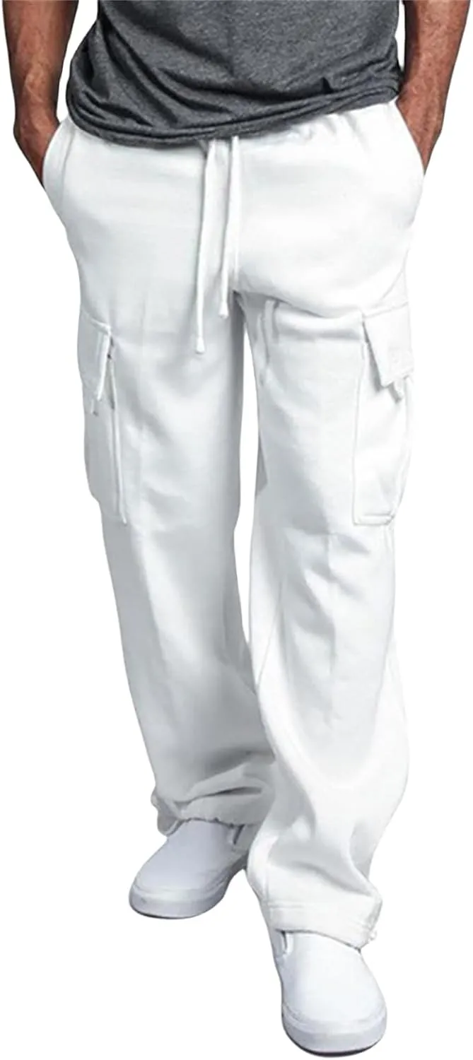 Mens Heavyweight Fleece Cargo Jogger Sweatpants Baggy with Elastic Waist, Drawstring, & Multiple Pockets for Sport