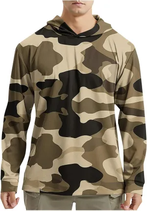 Men's Hooded UPF 50  Sun Protection T Shirts Long Sleeve Athletic Fishing Shirts Summer Lightweight Camo Rash Guards
