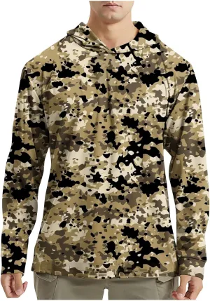 Men's Hooded UPF 50  Sun Protection T Shirts Long Sleeve Athletic Fishing Shirts Summer Lightweight Camo Rash Guards