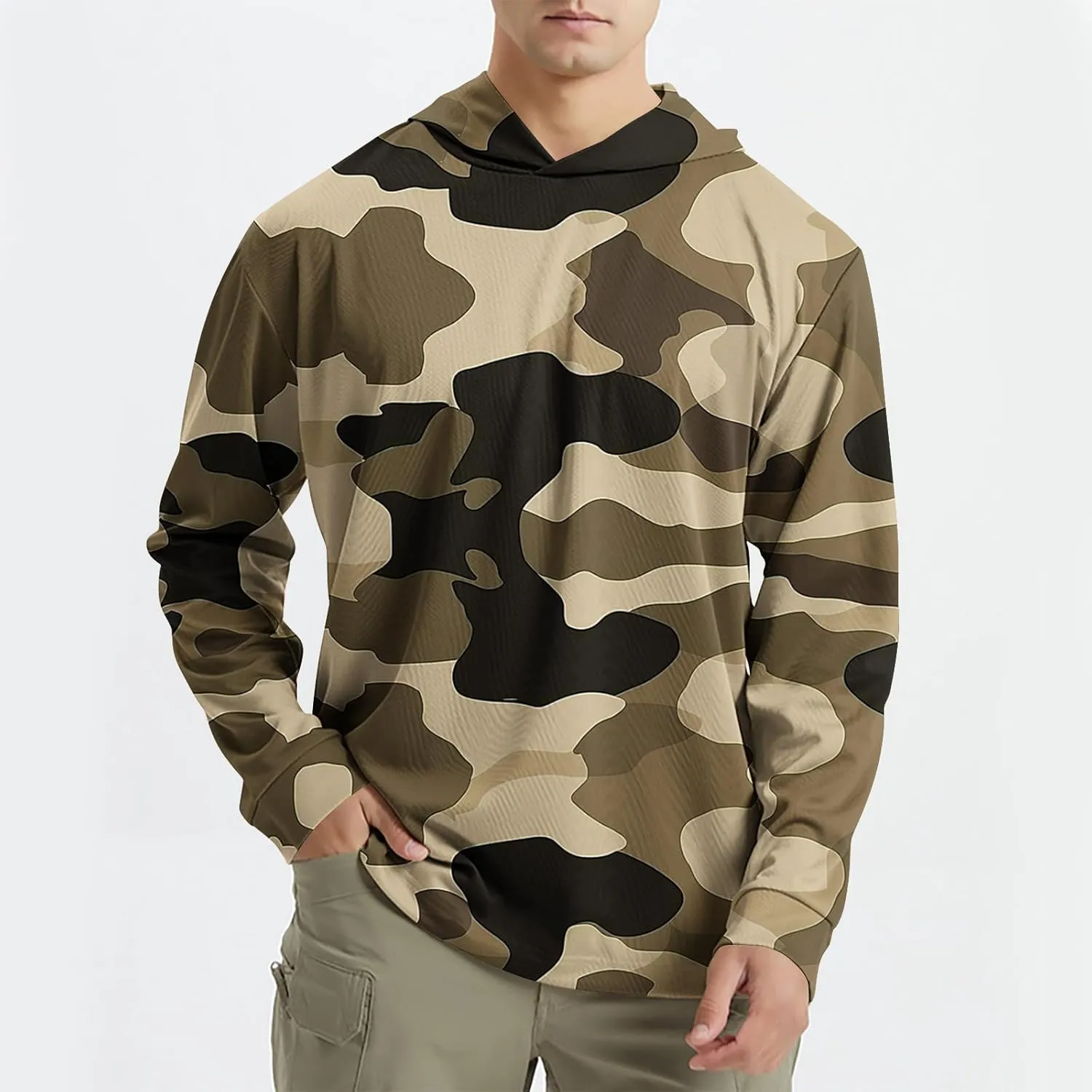 Men's Hooded UPF 50  Sun Protection T Shirts Long Sleeve Athletic Fishing Shirts Summer Lightweight Camo Rash Guards