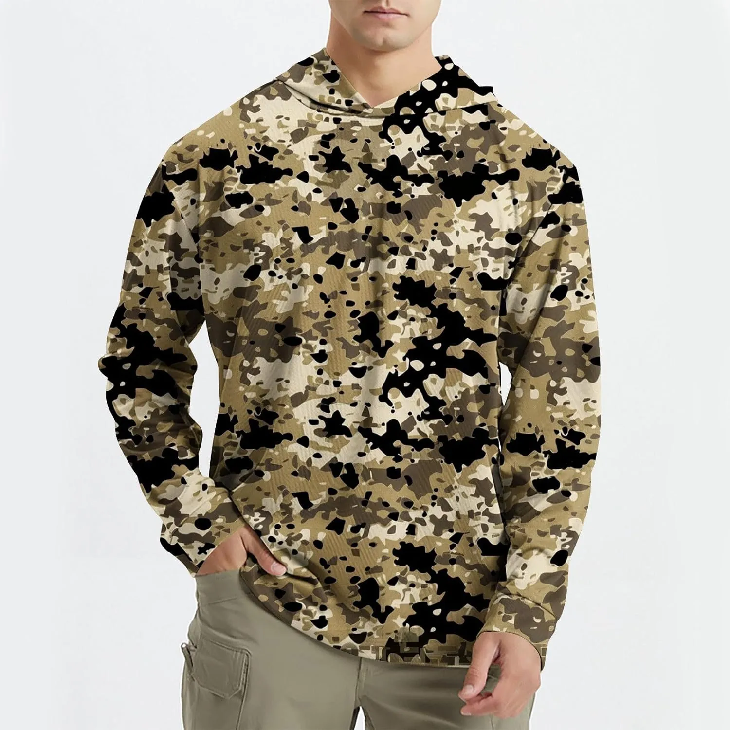 Men's Hooded UPF 50  Sun Protection T Shirts Long Sleeve Athletic Fishing Shirts Summer Lightweight Camo Rash Guards