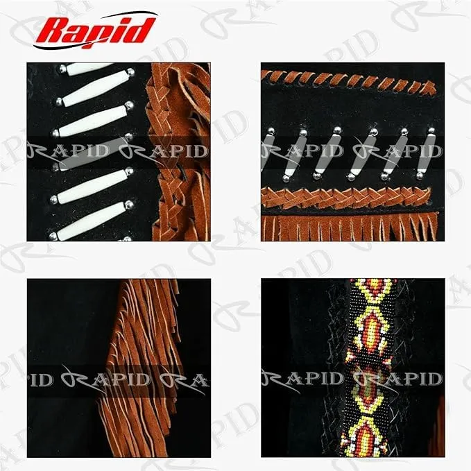 Mens Leather Buckskin Mountain Man Reenactment Suede Leather Native American Red Indian Fringes Beaded Jackets Warshirt