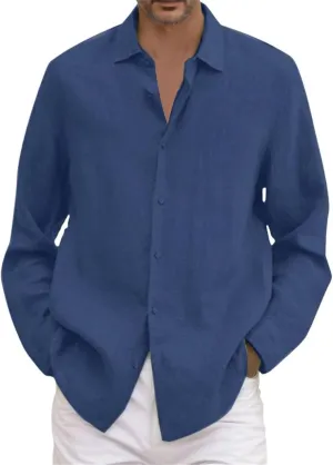 Men's Long Sleeve Cotton Linen Casual Shirts Button Down Pro Club Summer Beach Shirt Top Blouse 2025