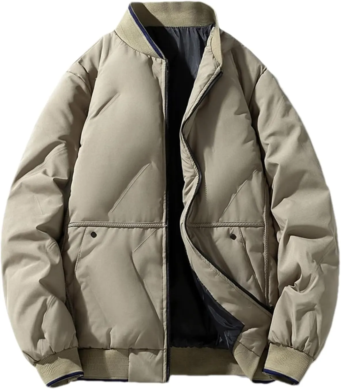 Men's Mock Neck Patchwork Zipper Cotton-Padded Vintage Thick Pockets Long Sleeve Parka Coat