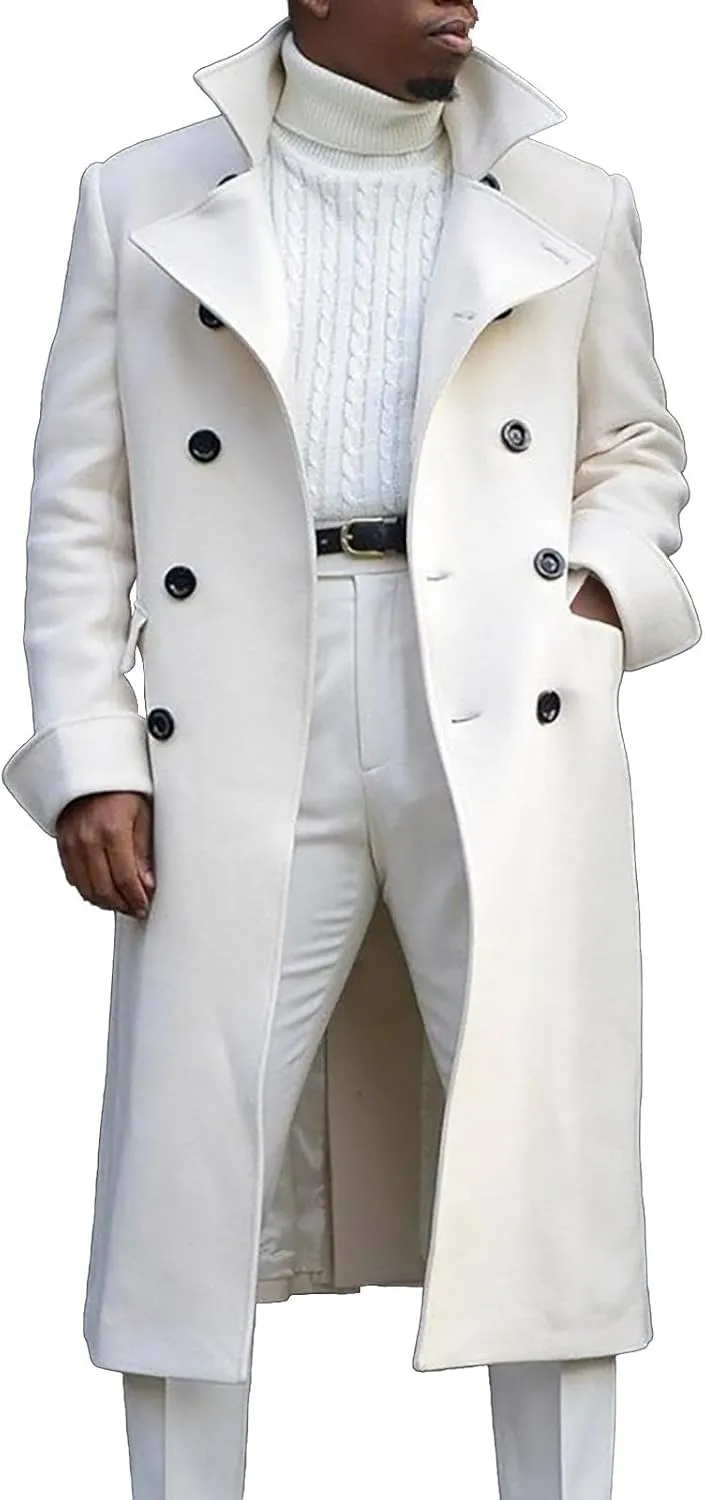 Mens Notch Lapel Double Breasted Long Trench Coat Casual Cotton Peacoats Windbreaker Long Jacket Windproof Overcoats