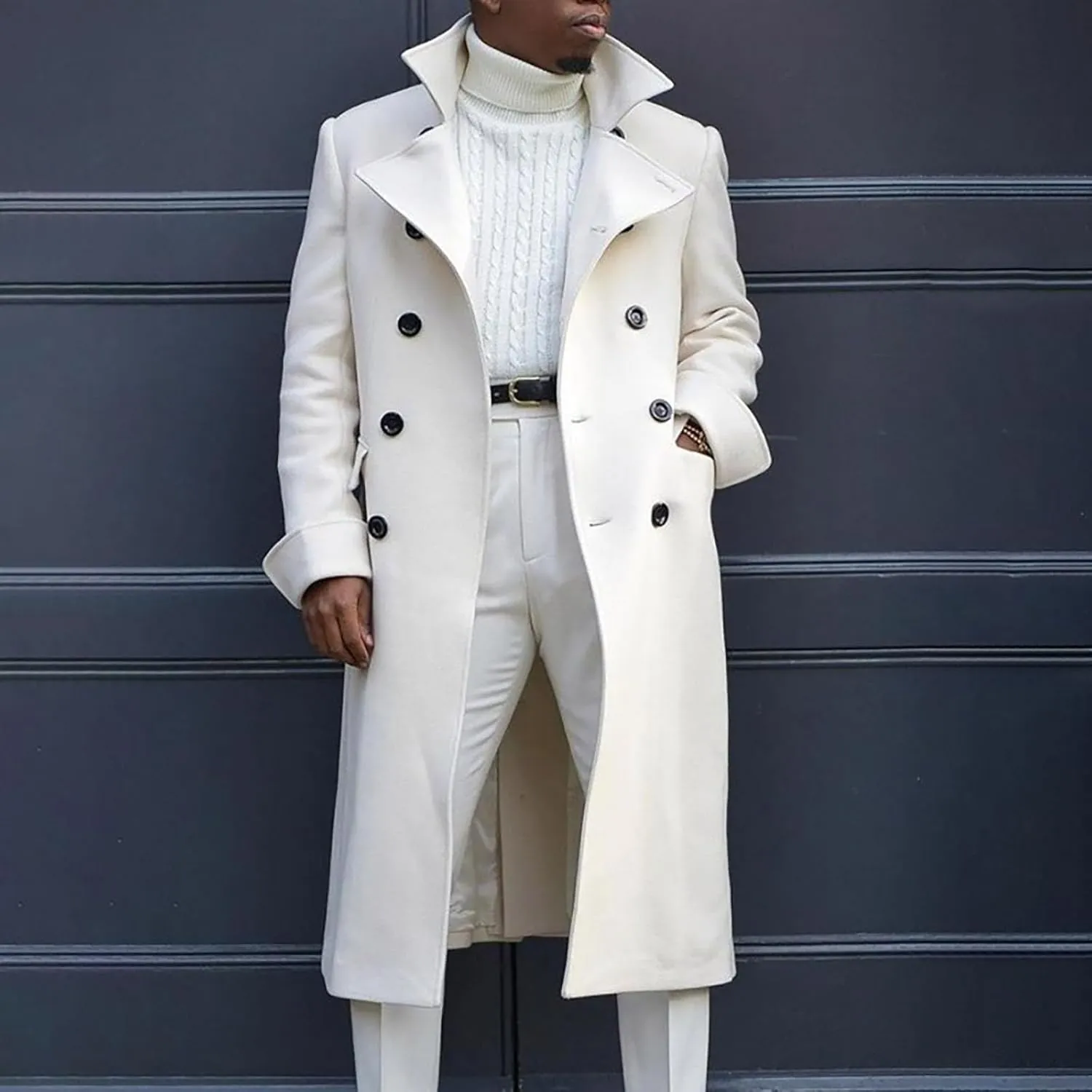 Mens Notch Lapel Double Breasted Long Trench Coat Casual Cotton Peacoats Windbreaker Long Jacket Windproof Overcoats